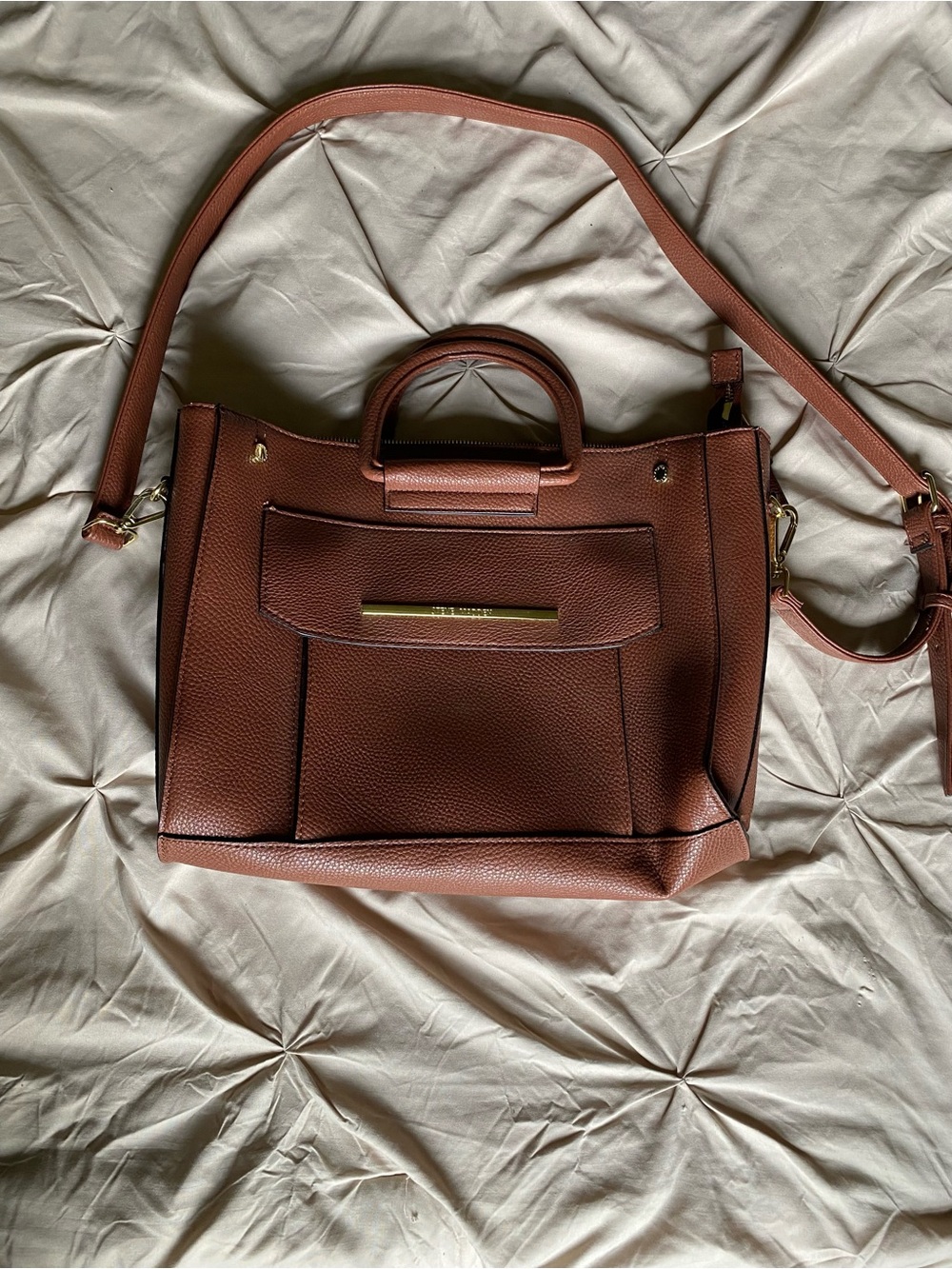 Chestnut Brown Structured Leather Tote Steve Madden  Handbag with Shoulder Strap